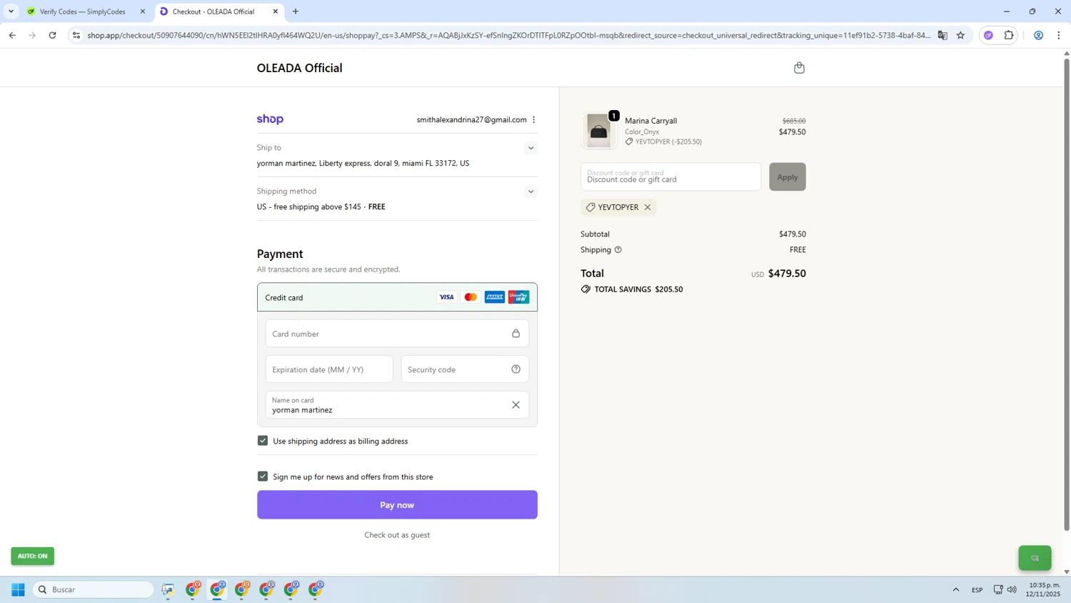 Oleada discount code screenshot showing code YEVTOPYER applied at Oleada checkout page. Uploaded by SimplyCodes community member INSECTOS on Nov 13, 2025