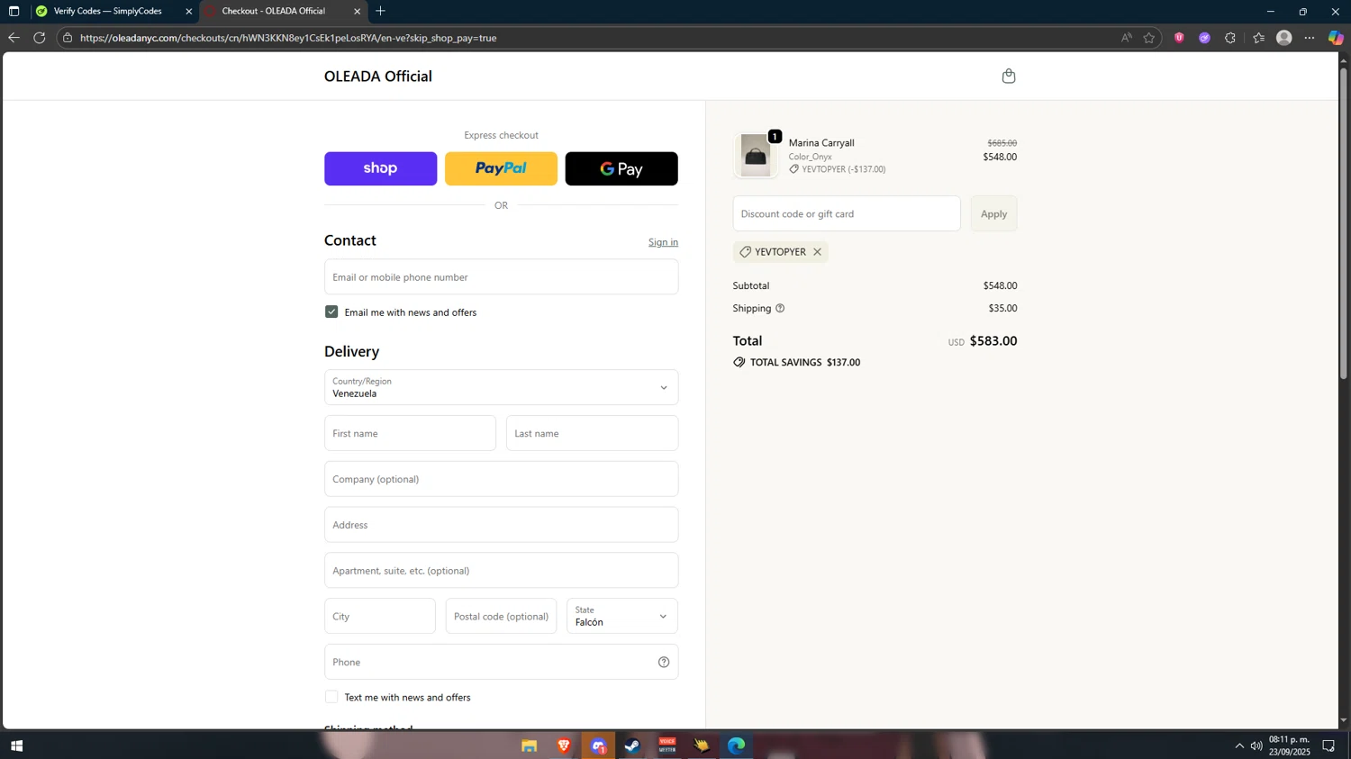 Oleada discount code screenshot showing code YEVTOPYER applied at Oleada checkout page. Uploaded by SimplyCodes community member Vipera on Sep 24, 2025