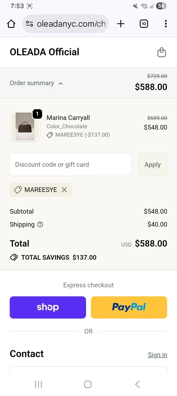Oleada discount code screenshot showing code Mareesye applied at Oleada checkout page. Uploaded by SimplyCodes community member KarinaHZ on Dec 14, 2025