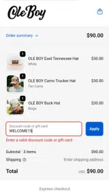 WELCOME15 coupon verification screenshot
