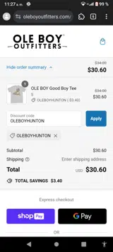 OLEBOYHUNTON coupon verification screenshot