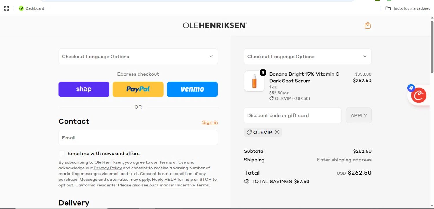 Ole Henriksen Spa promo code screenshot showing code OLEVIP applied at Ole Henriksen Spa checkout page. Uploaded by SimplyCodes community member Speedy on Jun 18, 2026