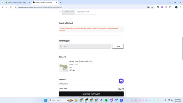 Olens checkout page showing Olens promo code box | Screenshot taken by SimplyCodes community member on Aug 31, 2025