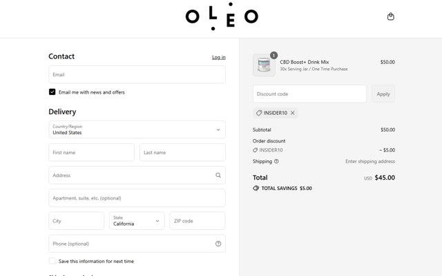 Oleo checkout page showing Oleo coupon code box | Screenshot taken by SimplyCodes community member on Aug 30, 2025