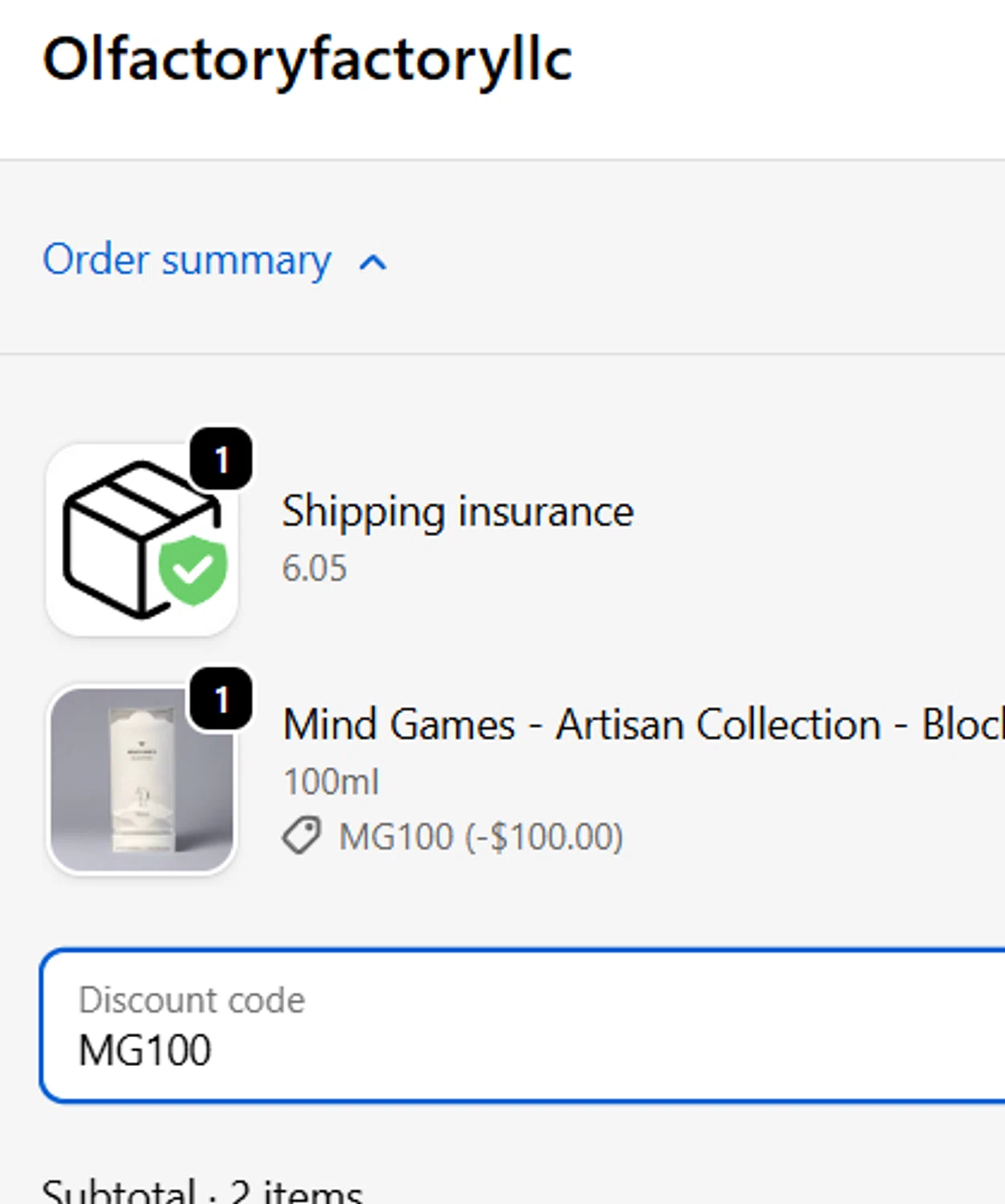 Olfactory Factory discount code screenshot showing code MG100 applied at Olfactory Factory checkout page. Uploaded by SimplyCodes community member Charly2607 on Nov 25, 2025