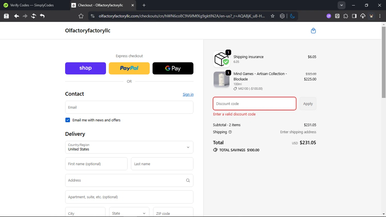 Olfactory Factory discount code screenshot showing code MG100 applied at Olfactory Factory checkout page. Uploaded by SimplyCodes community member domain on Dec 19, 2025