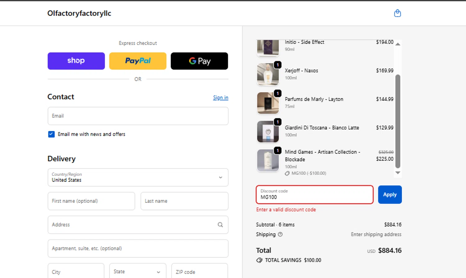 Olfactory Factory discount code screenshot showing code MG100 applied at Olfactory Factory checkout page. Uploaded by SimplyCodes community member gilbertrondon on Nov 25, 2025