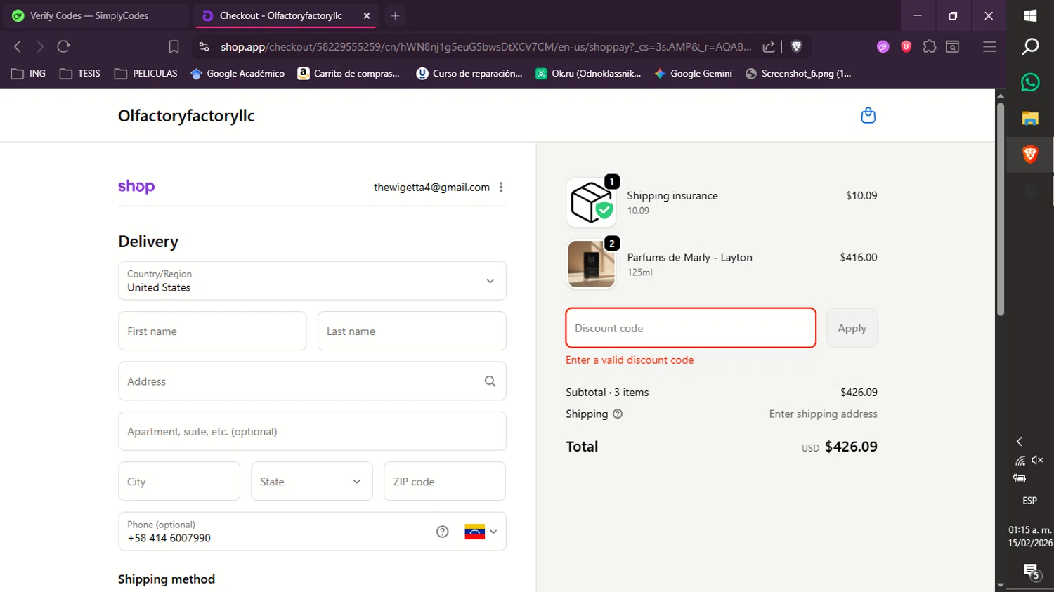 Olfactory Factory discount code screenshot showing code HELLO-2XXFS applied at Olfactory Factory checkout page. Uploaded by SimplyCodes community member xXdevoragoticas69Xx on Feb 15, 2026