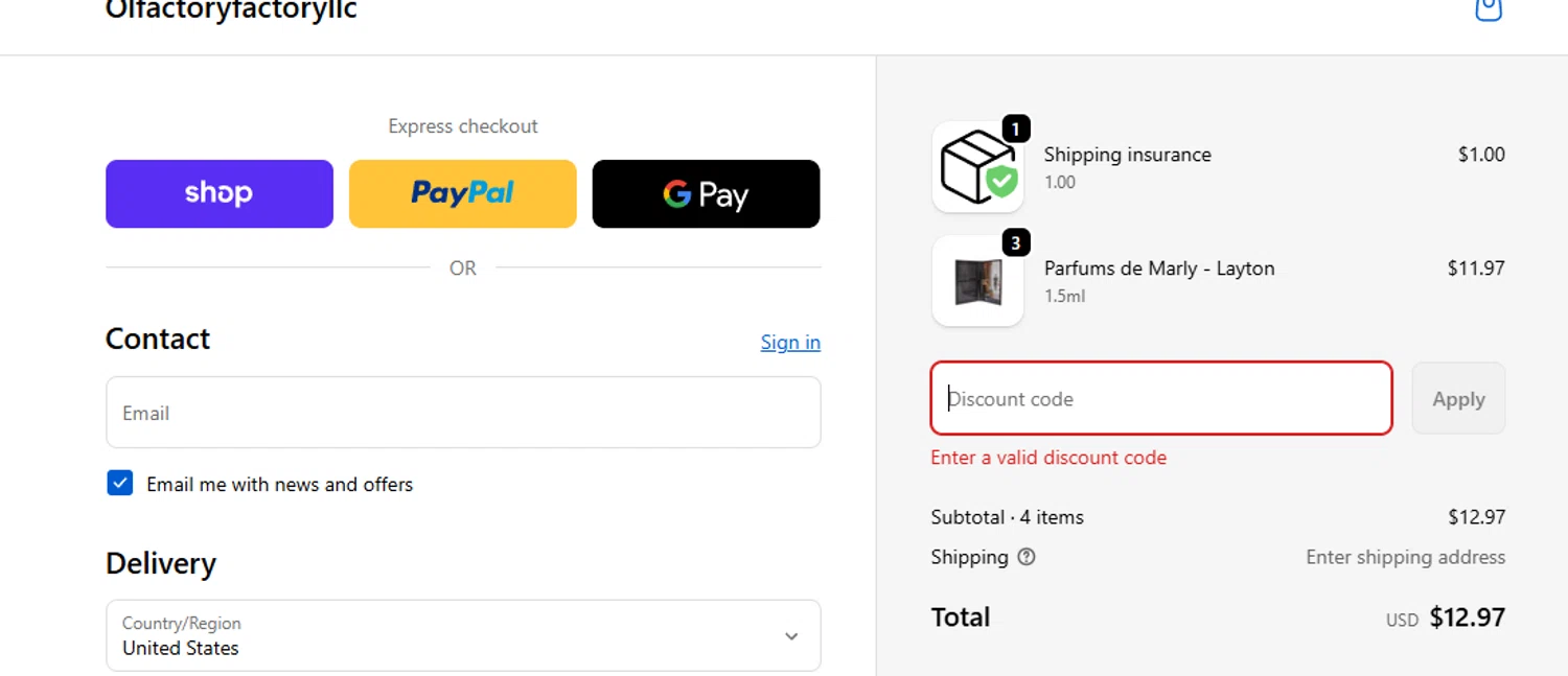 Olfactory Factory discount code screenshot showing code HELLO-GD7G6 applied at Olfactory Factory checkout page. Uploaded by SimplyCodes community member Billyyou on Feb 23, 2026