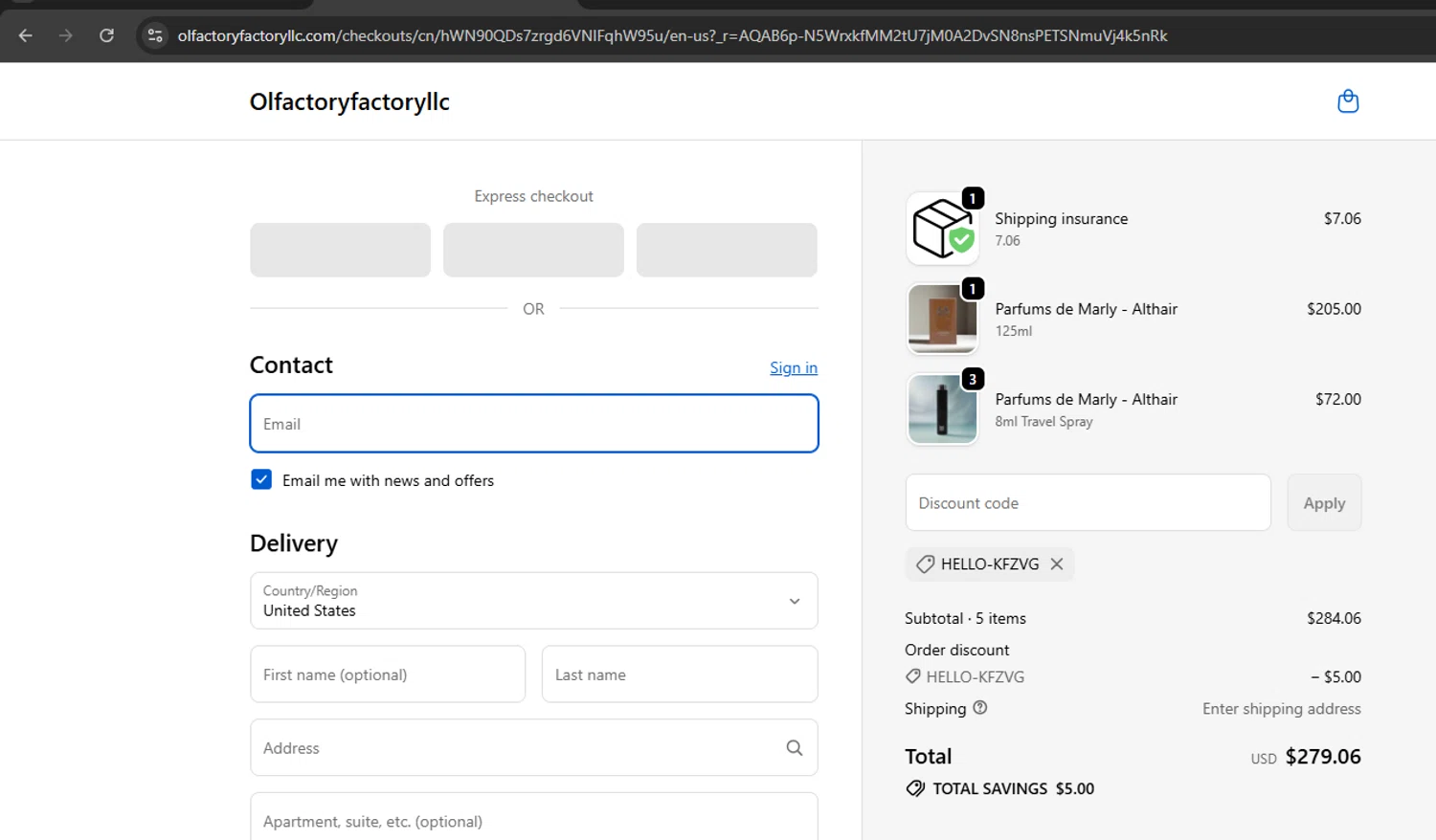 Olfactory Factory checkout page showing Olfactory Factory discount code box | Screenshot taken by SimplyCodes community member on Feb 20, 2026