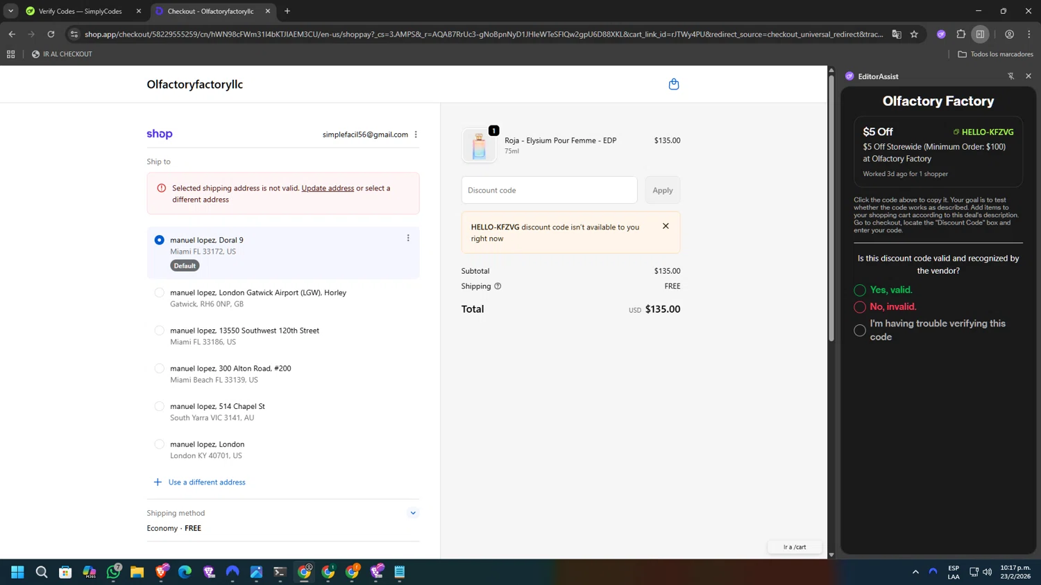 Olfactory Factory checkout page showing Olfactory Factory discount code box | Screenshot taken by SimplyCodes community member on Feb 24, 2026