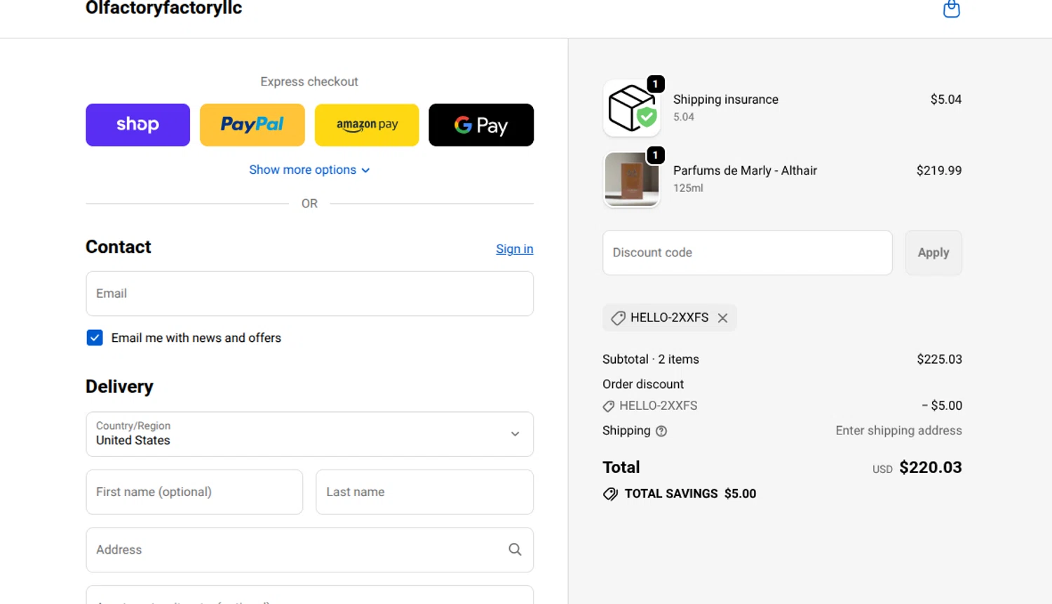 Olfactory Factory discount code screenshot showing code HELLO-2XXFS applied at Olfactory Factory checkout page. Uploaded by SimplyCodes community member reimalave10 on Feb 12, 2026