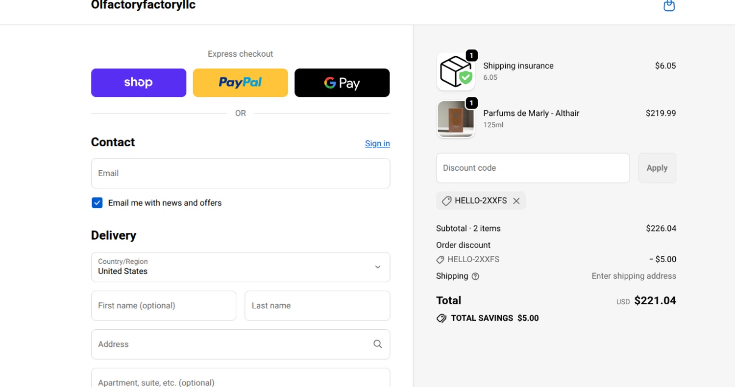Olfactory Factory discount code screenshot showing code HELLO-2XXFS applied at Olfactory Factory checkout page. Uploaded by SimplyCodes community member reimalave10 on Feb 11, 2026