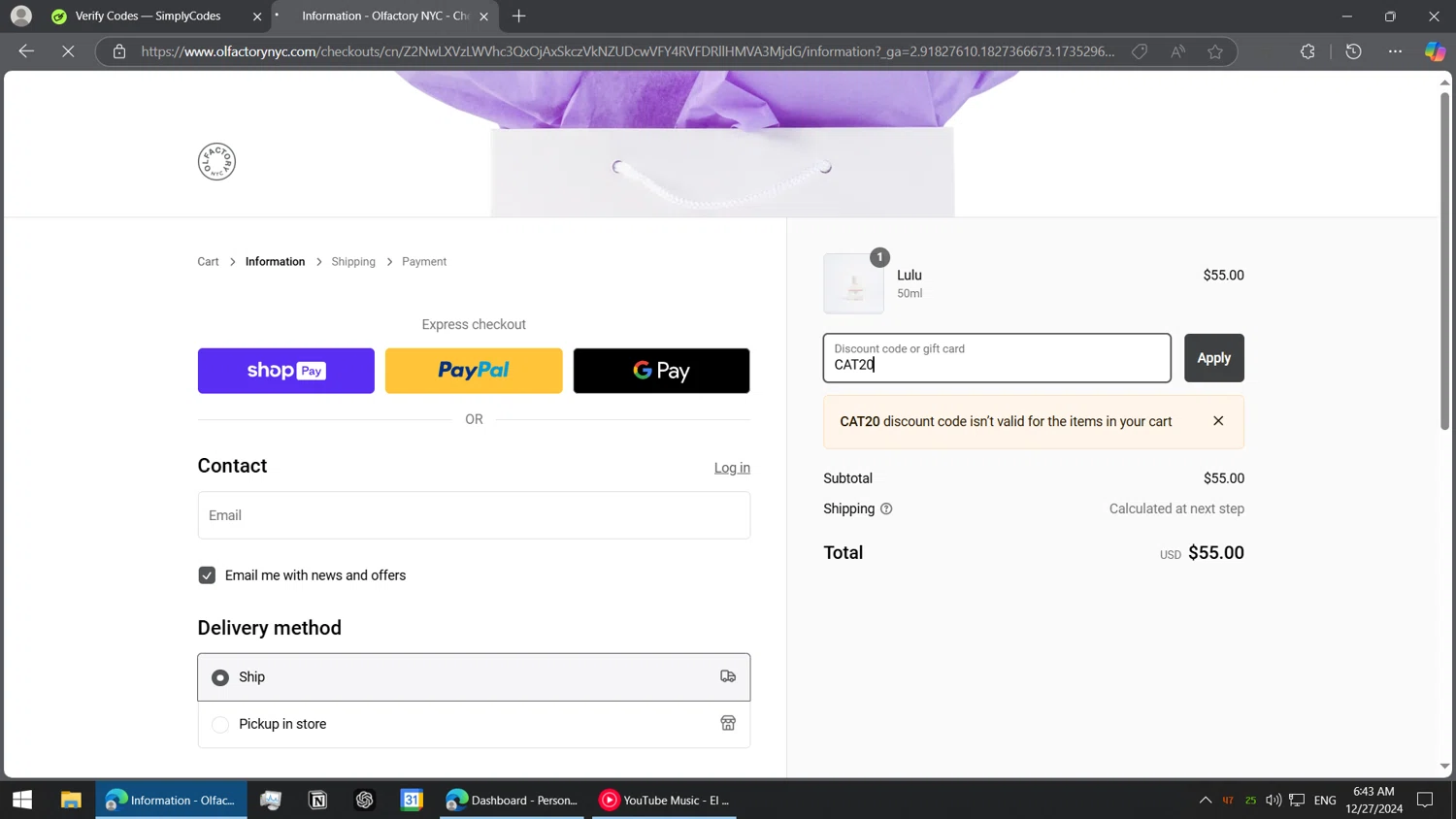 Olfactory NYC discount code screenshot showing code CAT20 applied at Olfactory NYC checkout page. Uploaded by SimplyCodes community member BorgeZzz on Dec 27, 2024