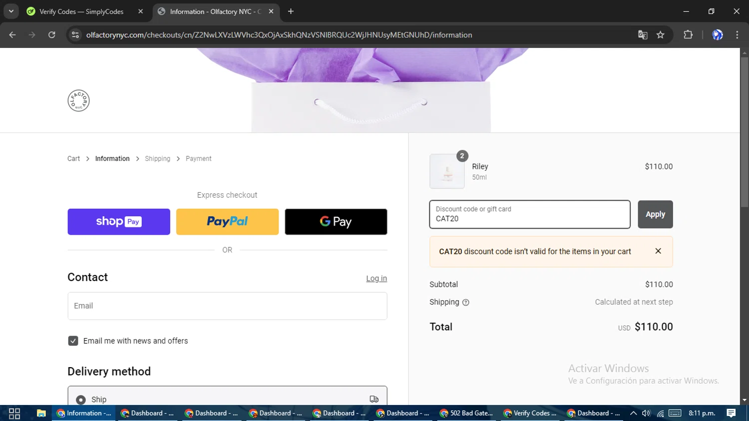 Olfactory NYC discount code screenshot showing code CAT20 applied at Olfactory NYC checkout page. Uploaded by SimplyCodes community member WiseHunter8213 on Jan 16, 2025