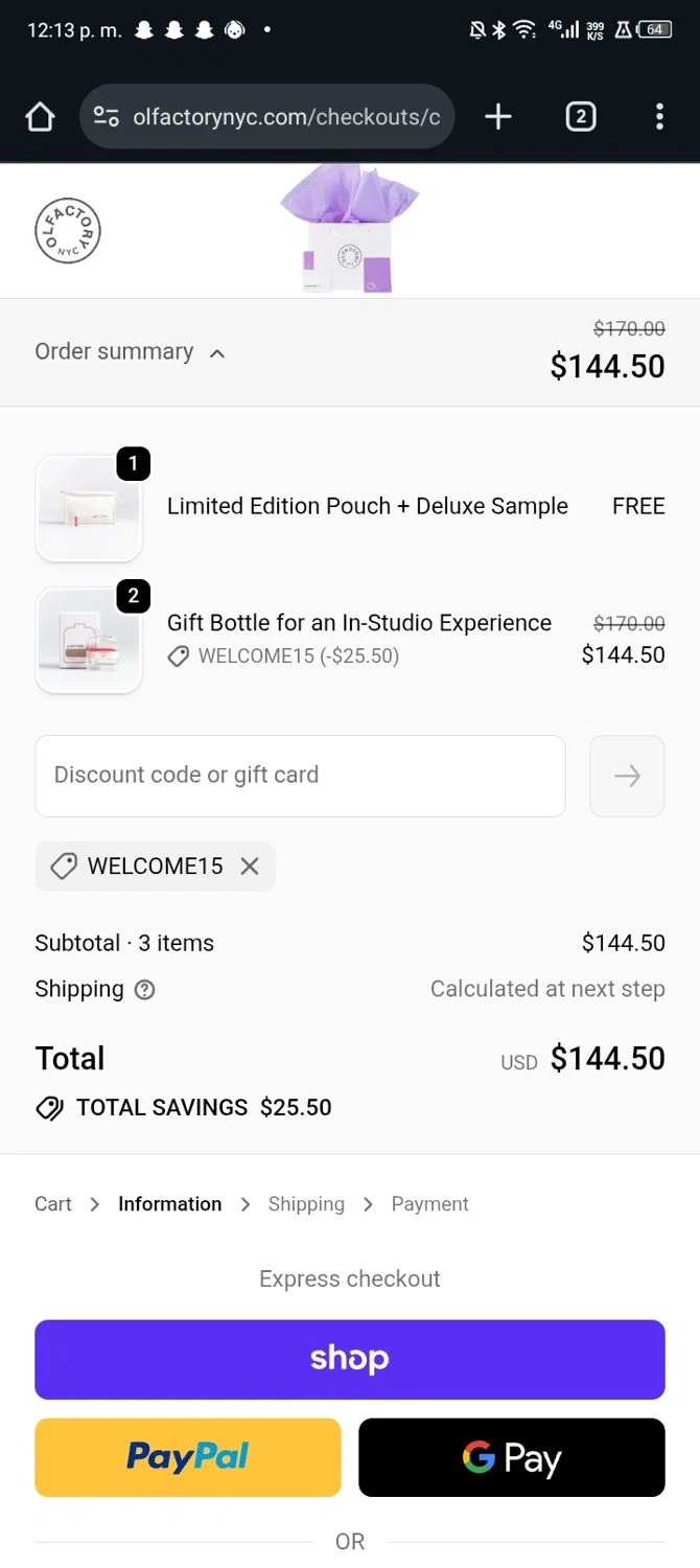 Olfactory NYC discount code screenshot showing code WELCOME15 applied at Olfactory NYC checkout page. Uploaded by SimplyCodes community member JandryV on Dec 28, 2025