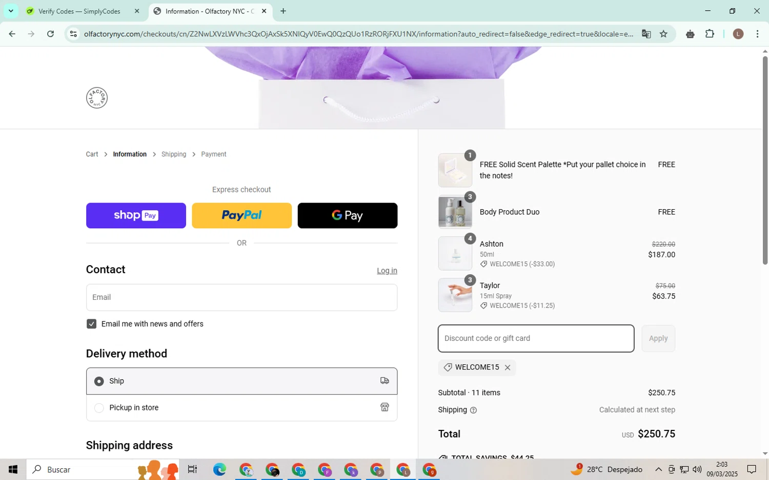 Olfactory NYC discount code screenshot showing code WELCOME15 applied at Olfactory NYC checkout page. Uploaded by SimplyCodes community member BrilliantTiger9986 on Mar 9, 2025