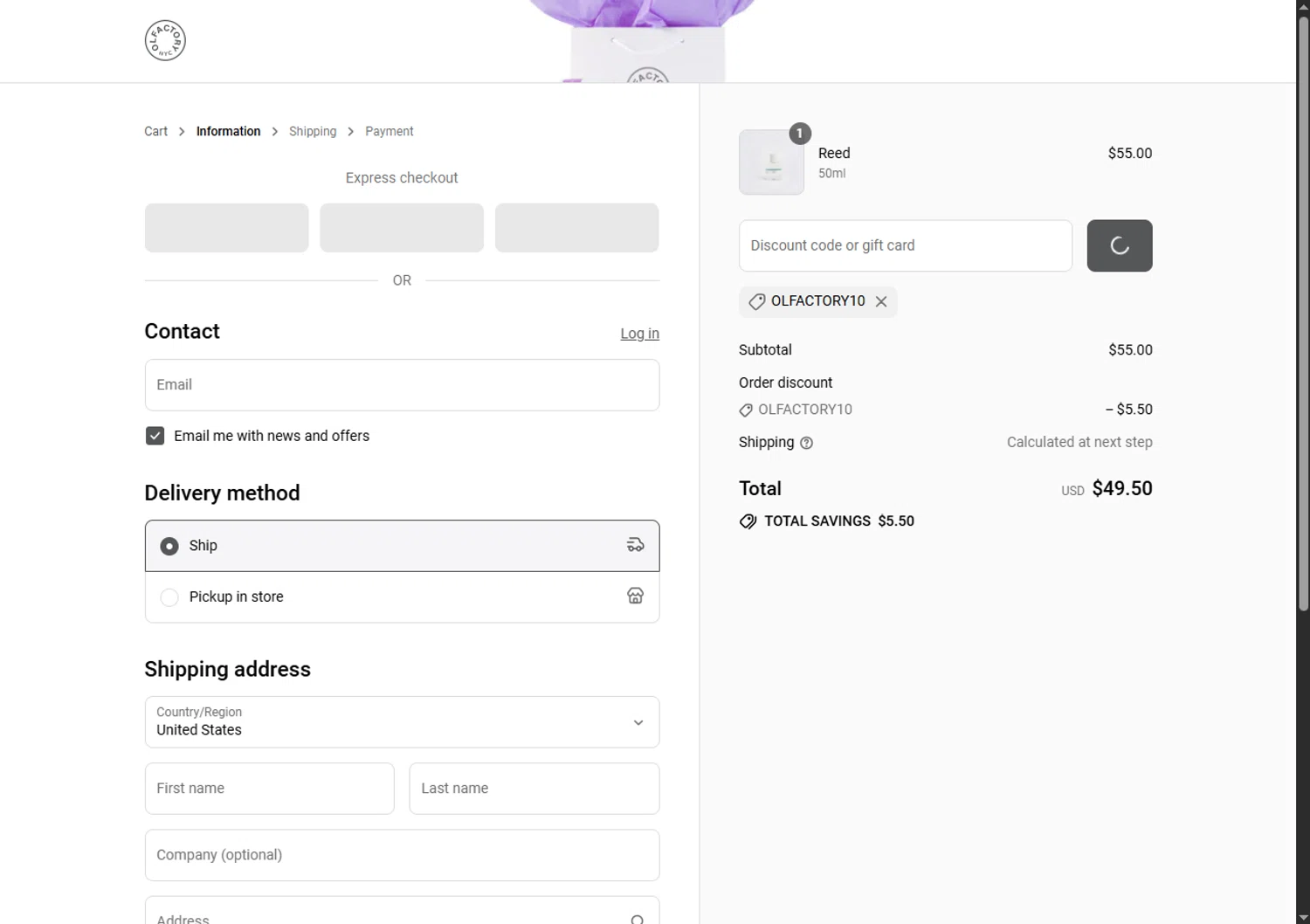Olfactory NYC discount code screenshot showing code OLFACTORY10 applied at Olfactory NYC checkout page. Uploaded by SimplyCodes community member BargainSaver8204 on Jul 10, 2025
