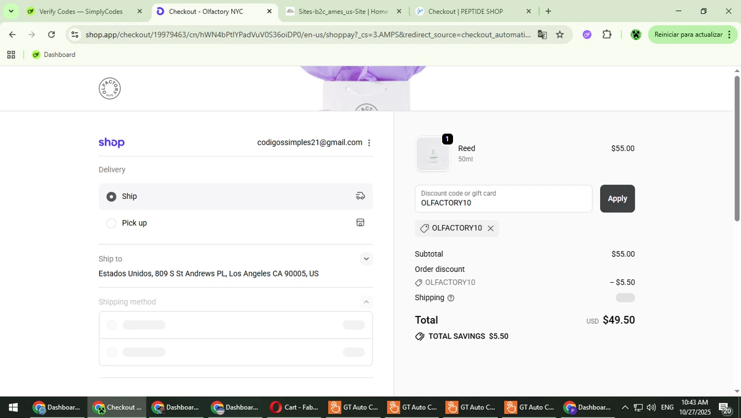Olfactory NYC discount code screenshot showing code OLFACTORY10 applied at Olfactory NYC checkout page. Uploaded by SimplyCodes community member MaitoGai on Oct 27, 2025