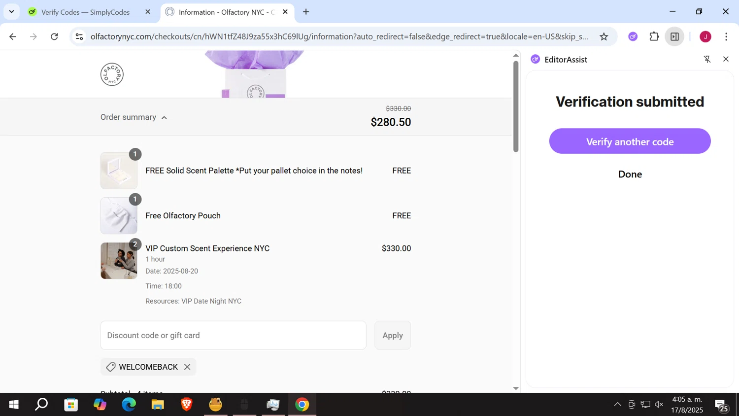 Olfactory NYC discount code screenshot showing code WELCOMEBACK applied at Olfactory NYC checkout page. Uploaded by SimplyCodes community member vergil_lains on Aug 17, 2025