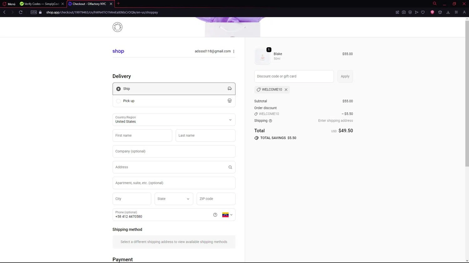 Olfactory NYC discount code screenshot showing code WELCOME10 applied at Olfactory NYC checkout page. Uploaded by SimplyCodes community member LegendarySeeker3956 on Oct 14, 2025