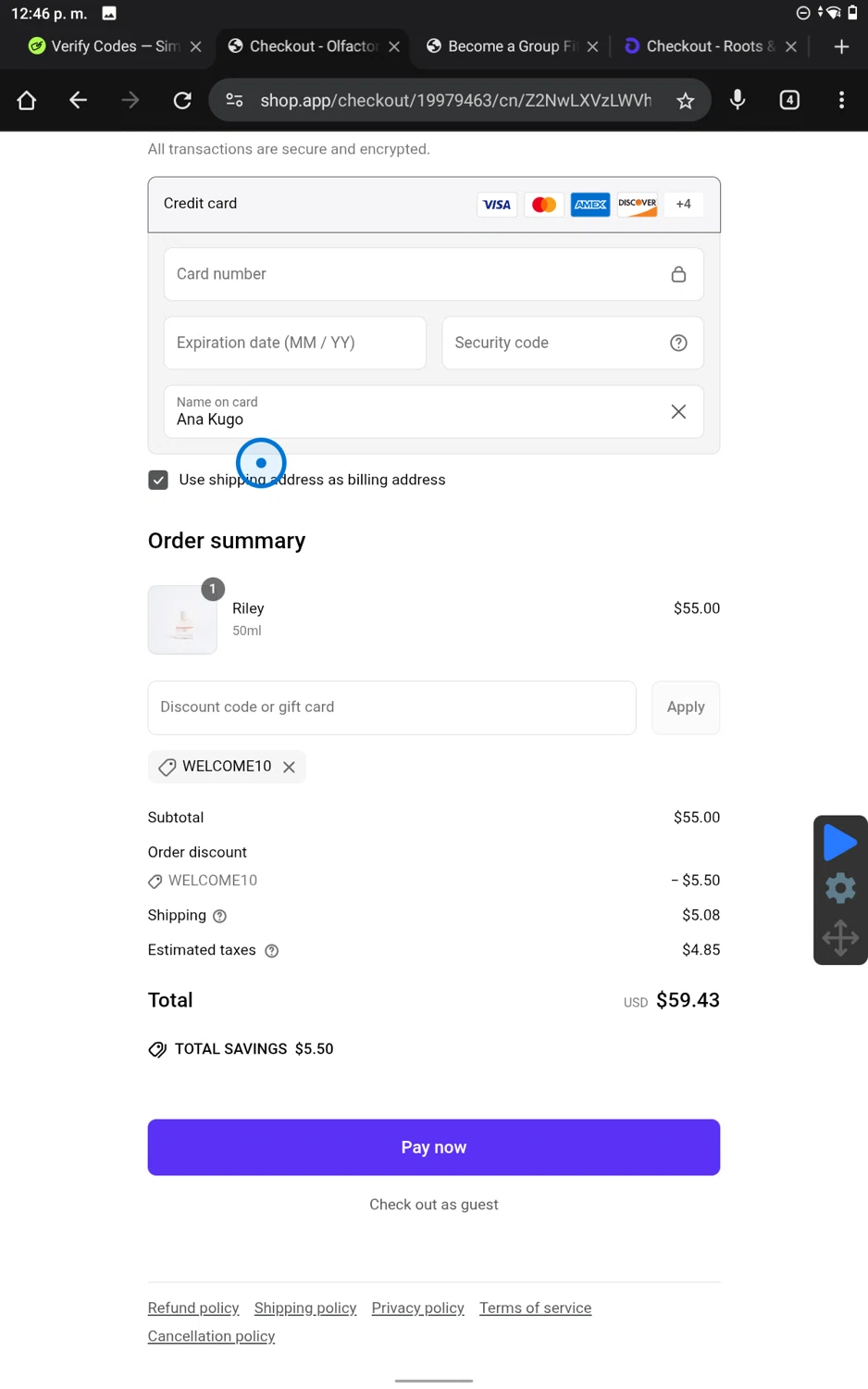 Olfactory NYC discount code screenshot showing code WELCOME10 applied at Olfactory NYC checkout page. Uploaded by SimplyCodes community member SmartWhiz9028 on Jun 17, 2025