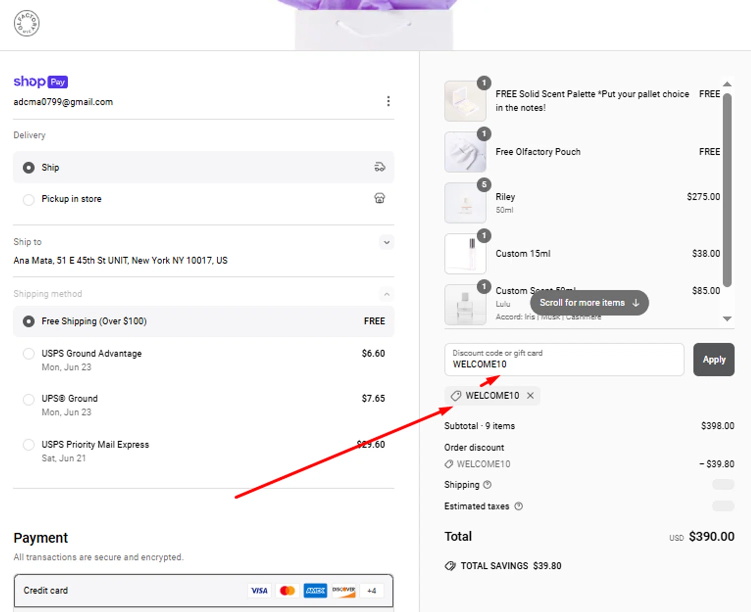 Olfactory NYC discount code screenshot showing code WELCOME10 applied at Olfactory NYC checkout page. Uploaded by SimplyCodes community member peachee on Jun 17, 2025