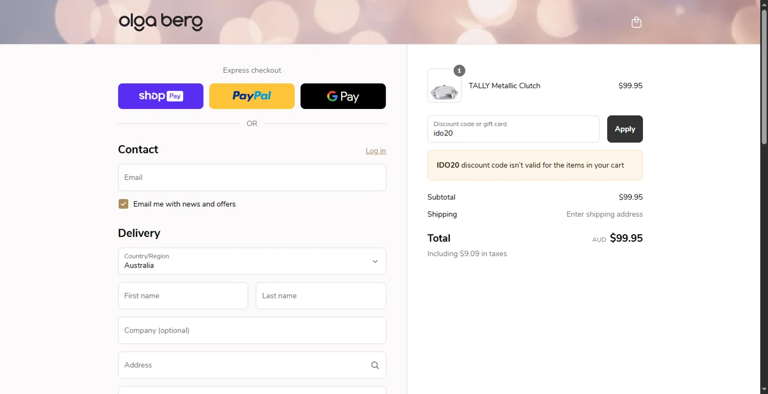Olga Berg discount code screenshot showing code ido20 applied at Olga Berg checkout page. Uploaded by SimplyCodes community member BonusFox1297 on Jul 6, 2025