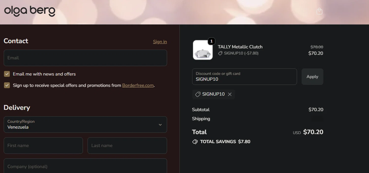 Olga Berg discount code screenshot showing code SIGNUP10 applied at Olga Berg checkout page. Uploaded by SimplyCodes community member FIREINTHEHOLE on Nov 19, 2025
