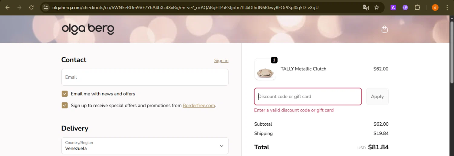 Olga Berg discount code screenshot showing code SIGNUP10 applied at Olga Berg checkout page. Uploaded by SimplyCodes community member PennyAdmiral6960 on Nov 24, 2025
