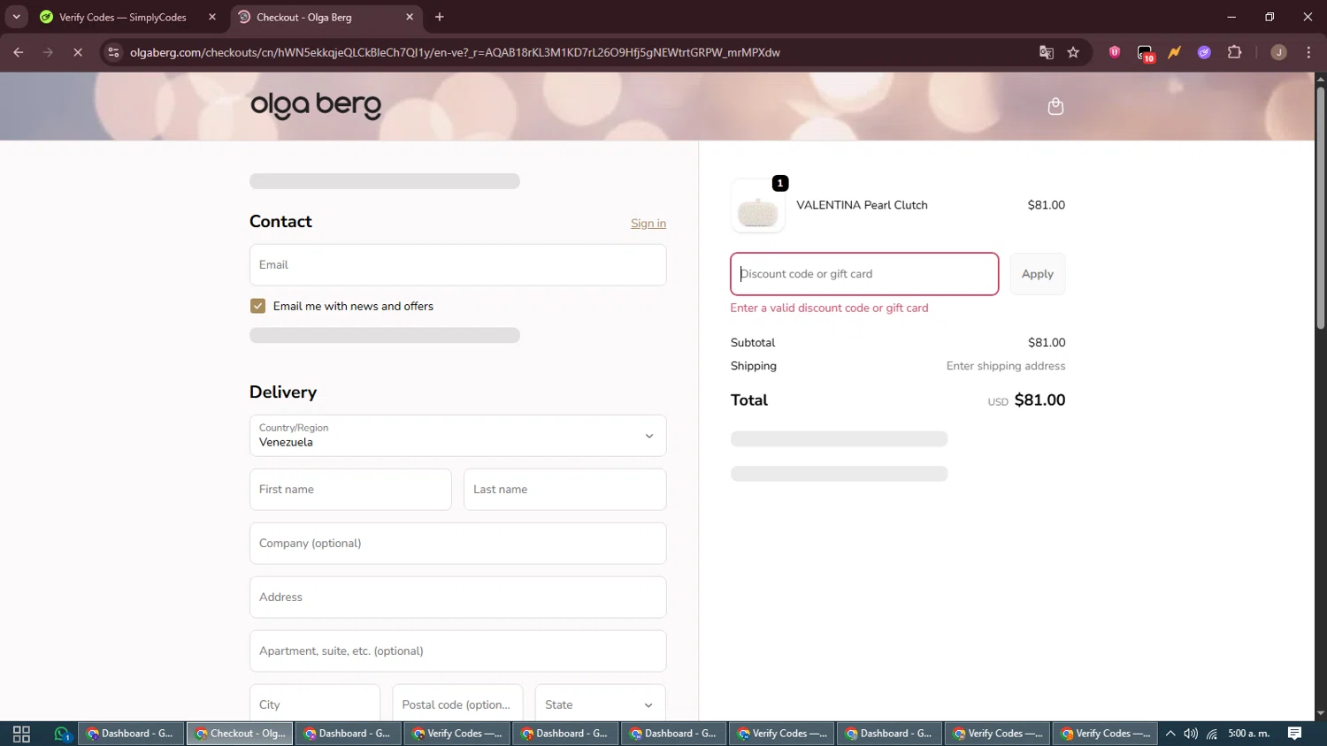 Olga Berg discount code screenshot showing code SIGNUP10 applied at Olga Berg checkout page. Uploaded by SimplyCodes community member ShrewdAdmiral5920 on Nov 24, 2025