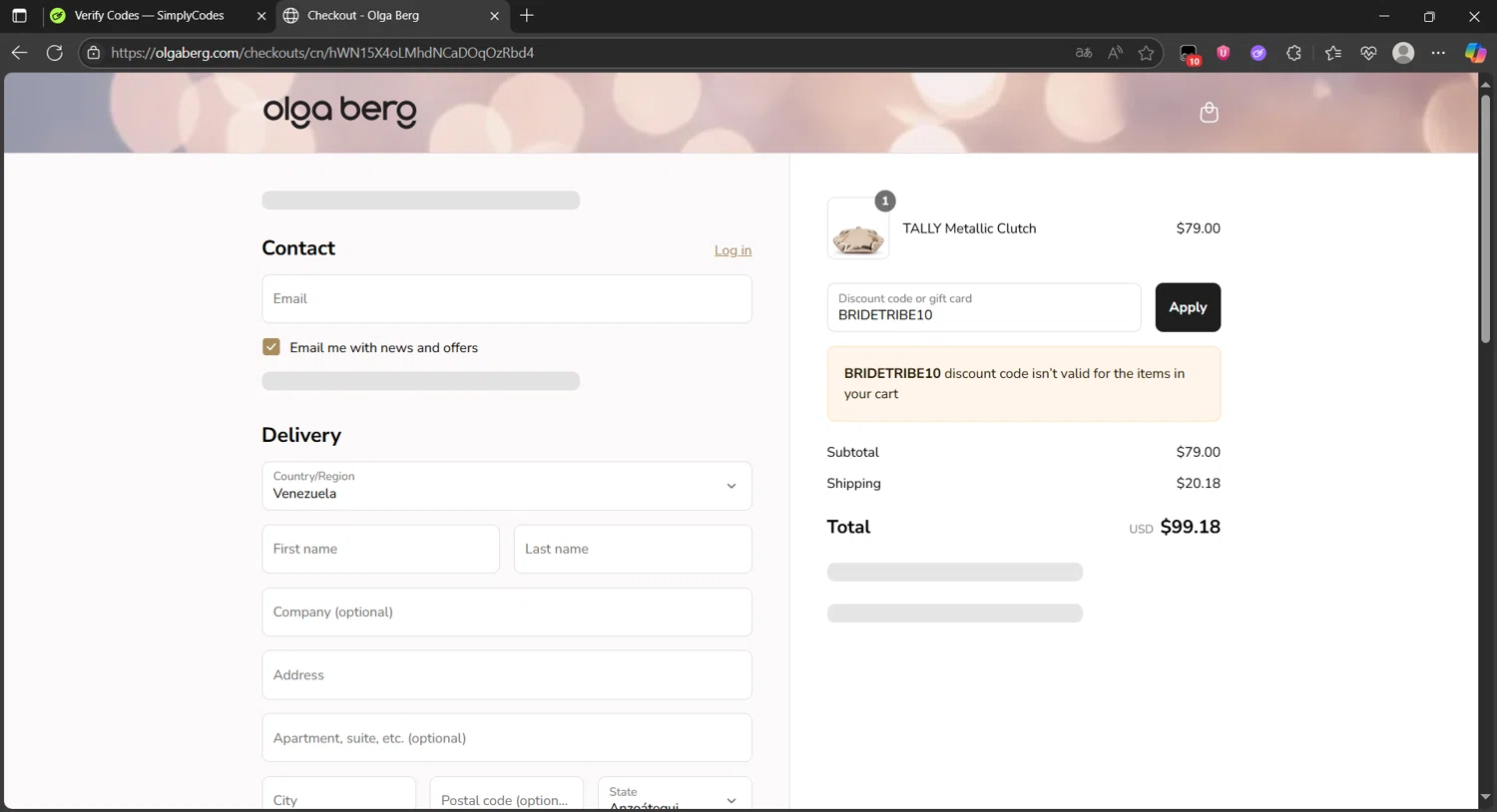 Olga Berg discount code screenshot showing code BRIDETRIBE10 applied at Olga Berg checkout page. Uploaded by SimplyCodes community member Eltoro20 on Jul 27, 2025