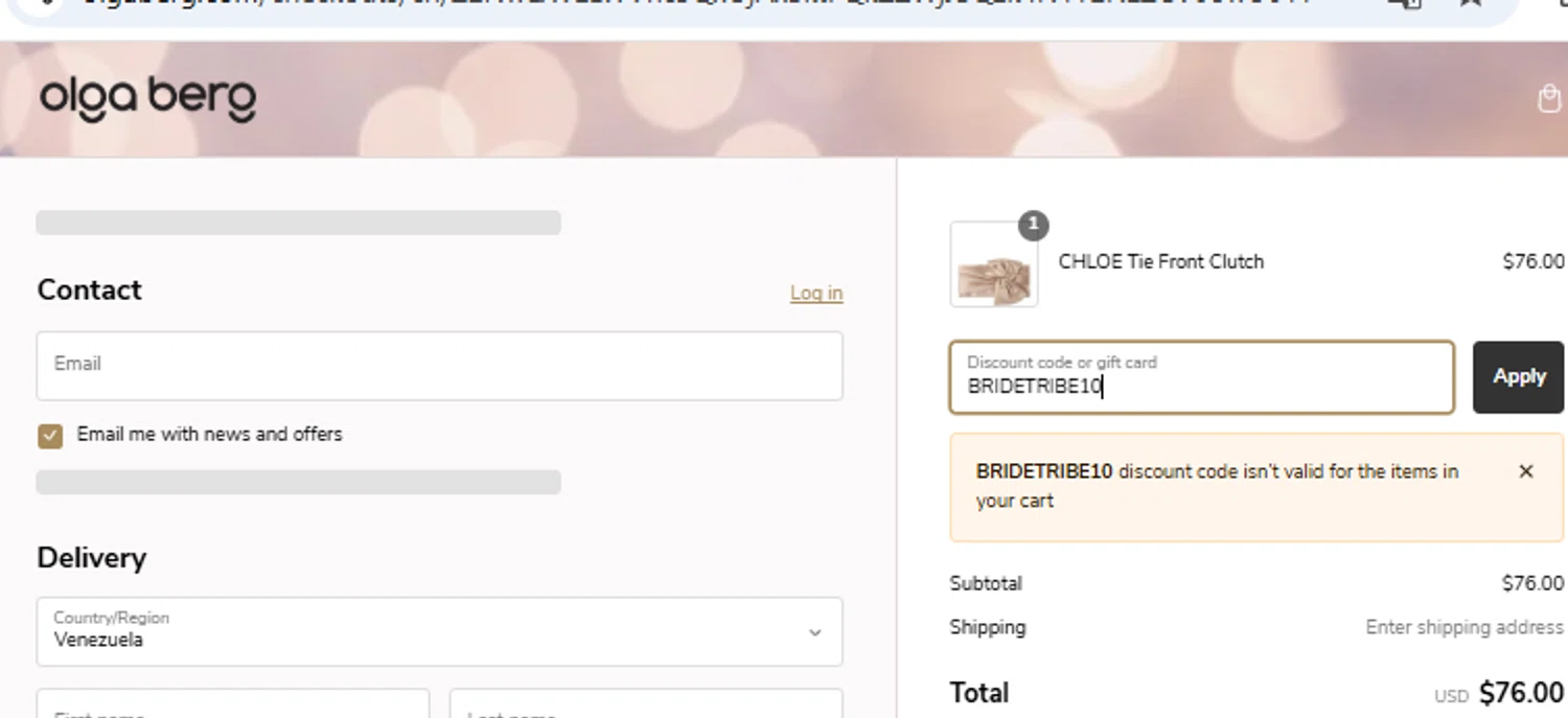Olga Berg discount code screenshot showing code BRIDETRIBE10 applied at Olga Berg checkout page. Uploaded by SimplyCodes community member WiseAce8490 on Feb 6, 2025