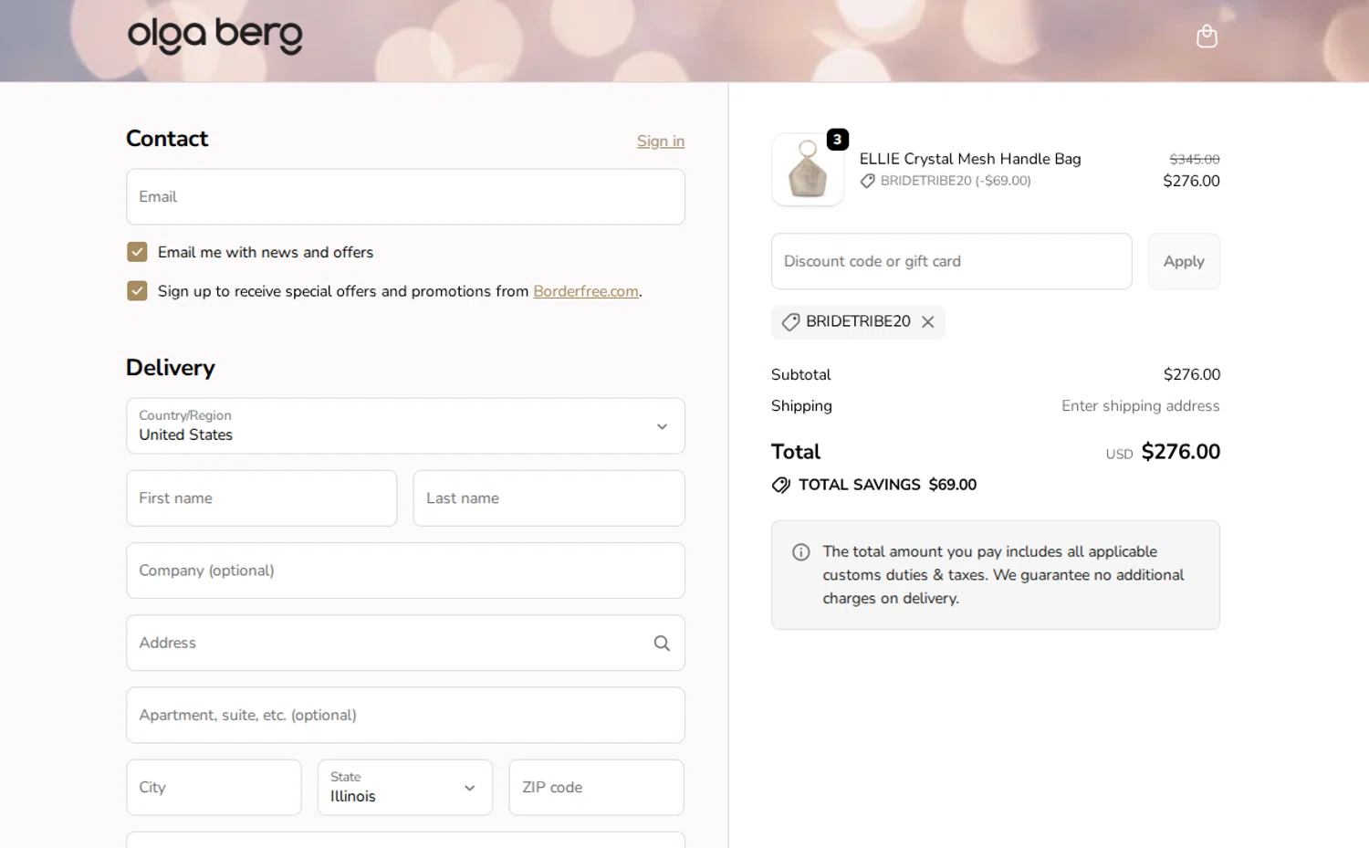 Olga Berg discount code screenshot showing code BRIDETRIBE20 applied at Olga Berg checkout page. Uploaded by SimplyCodes community member QuestNavigator1687 on Nov 14, 2025