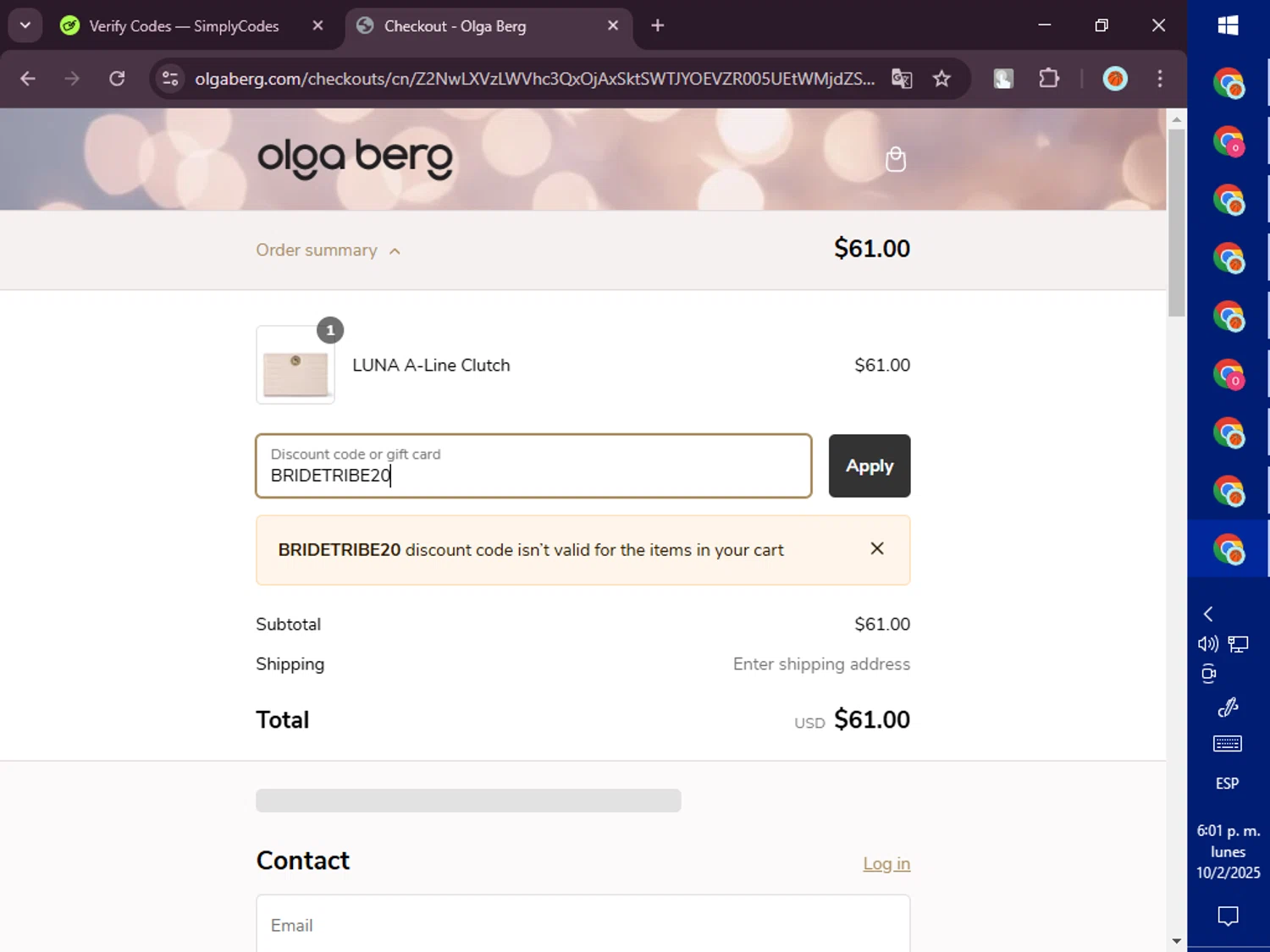 Olga Berg discount code screenshot showing code BRIDETRIBE20 applied at Olga Berg checkout page. Uploaded by SimplyCodes community member PromoVoyager8446 on Feb 10, 2025