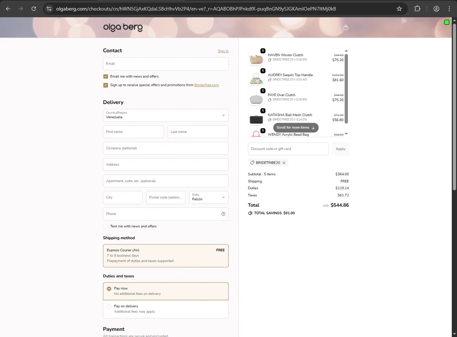 Olga Berg discount code screenshot showing code BRIDETRIBE20 applied at Olga Berg checkout page. Uploaded by SimplyCodes community member nikelson on Nov 14, 2025