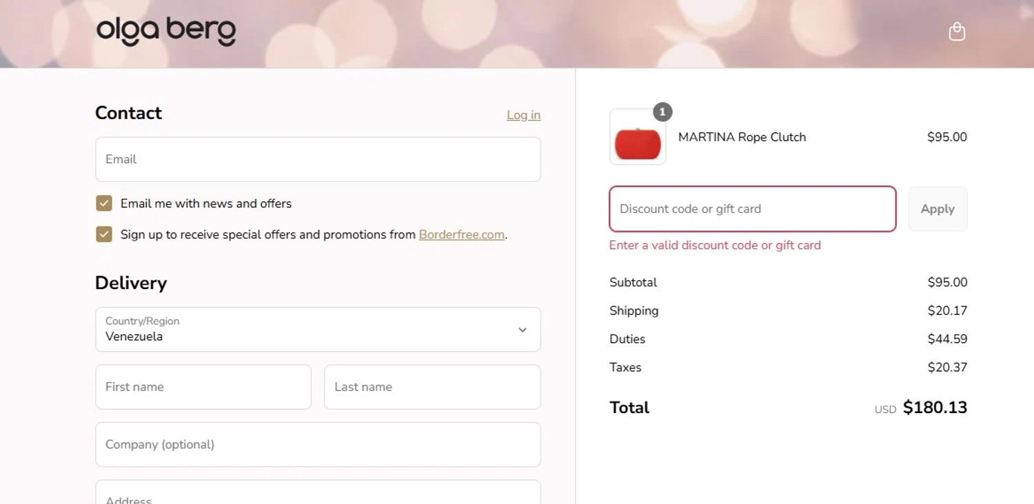 Olga Berg discount code screenshot showing code 10OFF applied at Olga Berg checkout page. Uploaded by SimplyCodes community member Olorinnnnn on Jul 27, 2025