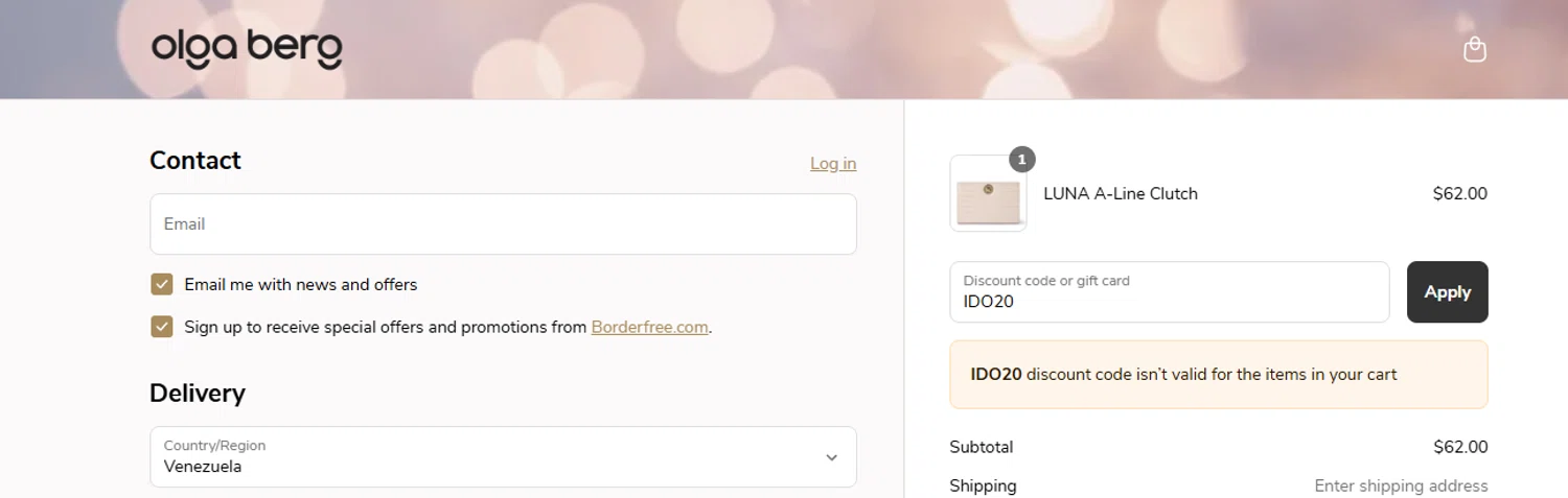 Olga Berg discount code screenshot showing code IDO20 applied at Olga Berg checkout page. Uploaded by SimplyCodes community member ashe1986 on May 19, 2025