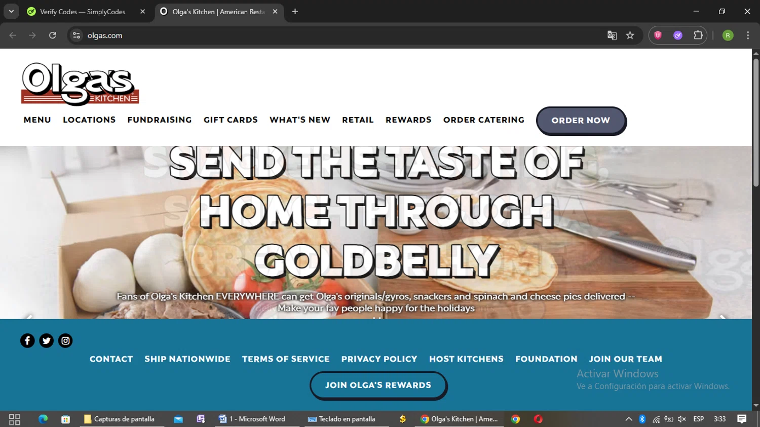 Olga's Kitchen coupon code screenshot showing code 20OFF$150 applied at Olga's Kitchen checkout page. Uploaded by SimplyCodes community member Kulomii on Aug 7, 2025