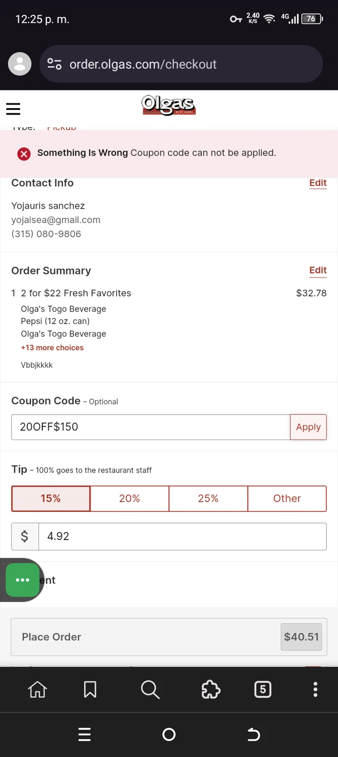 Olga's Kitchen coupon code screenshot showing code 20OFF$150 applied at Olga's Kitchen checkout page. Uploaded by SimplyCodes community member Sanchezcarol on Aug 7, 2025