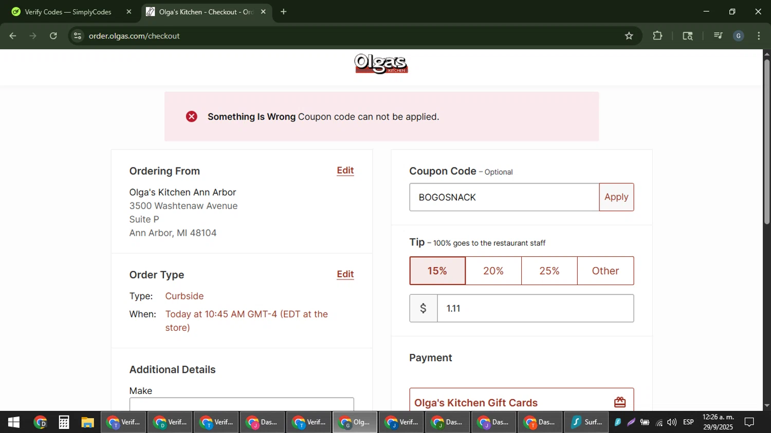 Olga's Kitchen coupon code screenshot showing code BOGOSNACK applied at Olga's Kitchen checkout page. Uploaded by SimplyCodes community member gabinharris55 on Sep 29, 2025