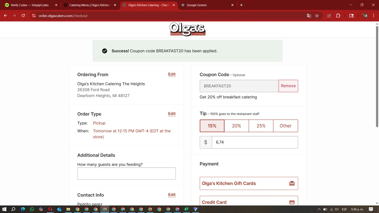 Olga's Kitchen coupon code screenshot showing code BREAKFAST20 applied at Olga's Kitchen checkout page. Uploaded by SimplyCodes community member David_Gut_Sonic on Oct 7, 2025