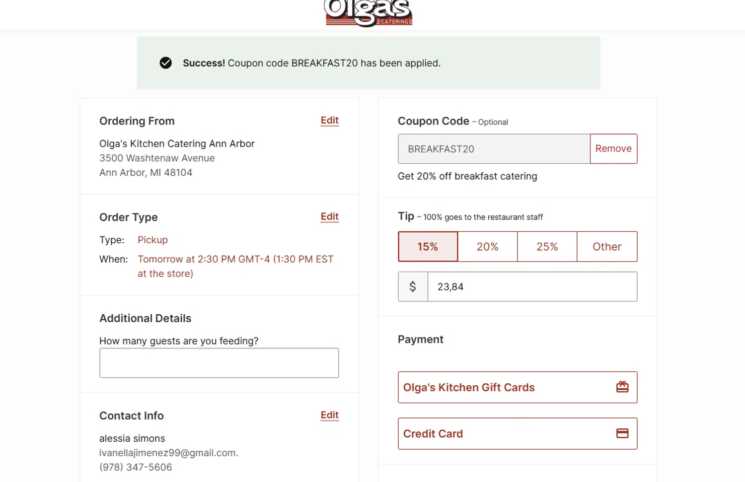 Olga's Kitchen coupon code screenshot showing code BREAKFAST20 applied at Olga's Kitchen checkout page. Uploaded by SimplyCodes community member Espaguetticonpollo on Nov 5, 2025