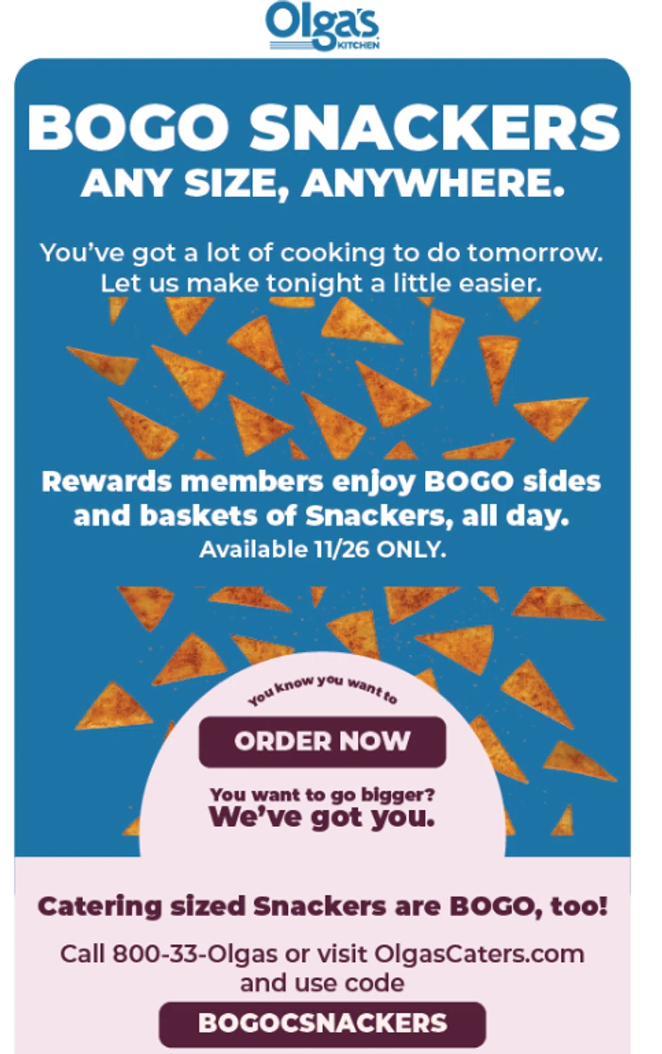 Olga's Kitchen coupon code screenshot showing code BOGOCSNACKERS applied at Olga's Kitchen checkout page. Uploaded by SimplyCodes community member valeriaantonieta on Nov 26, 2025