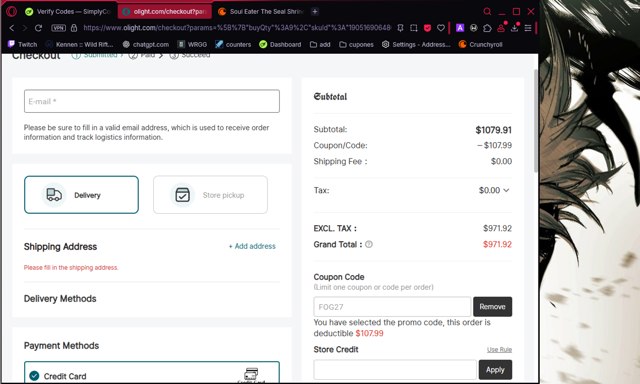 Olight checkout page showing Olight coupon code box | Screenshot taken by SimplyCodes community member on Sep 7, 2025