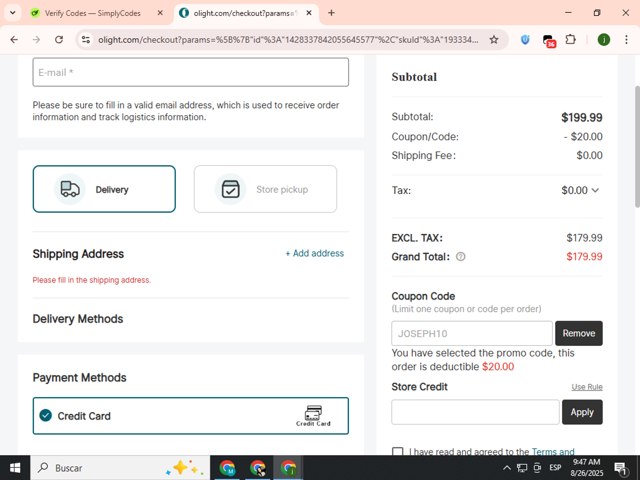 Olight checkout page showing Olight coupon code box | Screenshot taken by SimplyCodes community member on Aug 26, 2025
