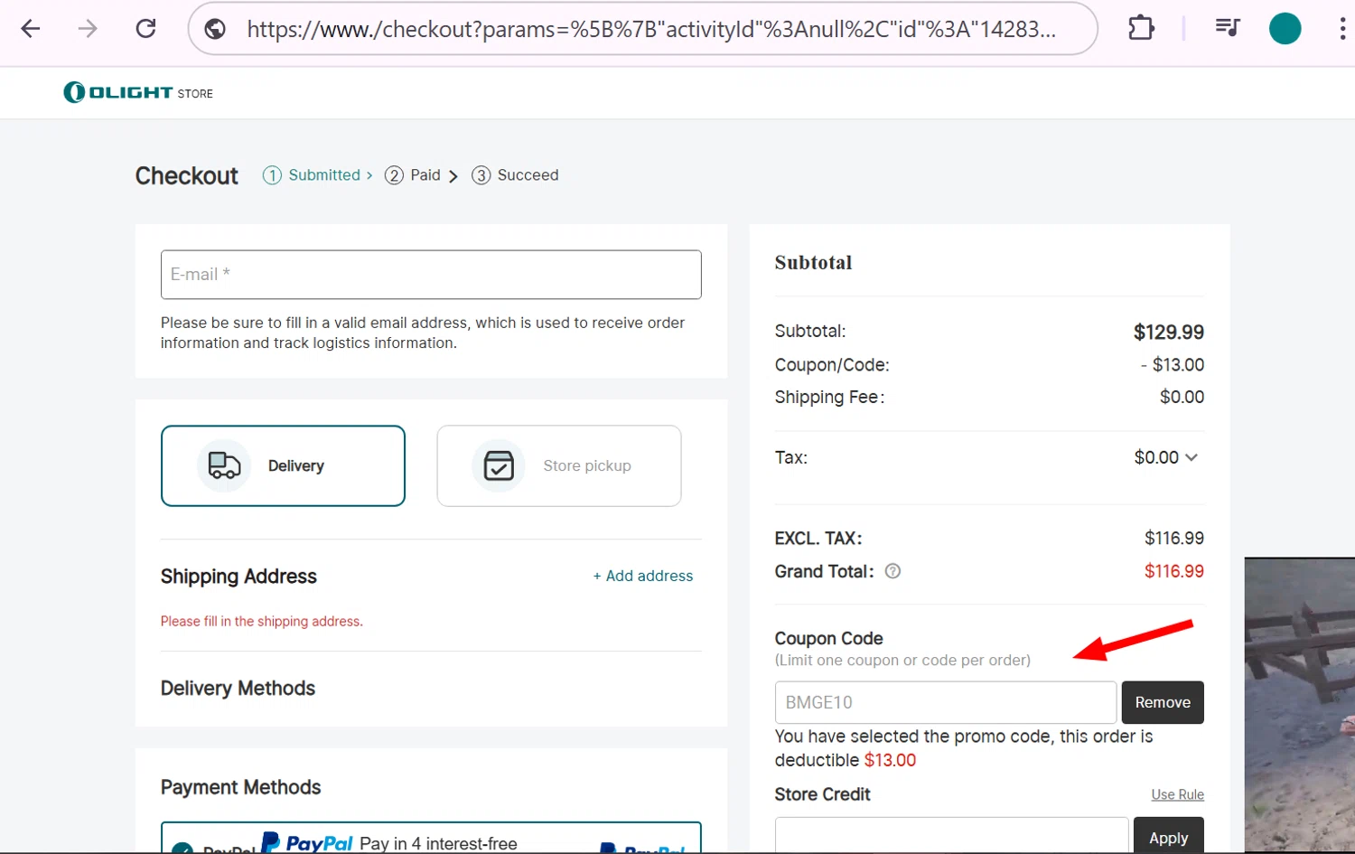 Olight promo code screenshot showing code BMGE10 applied at Olight checkout page. Uploaded by SimplyCodes community member anosesmith on Jan 12, 2026