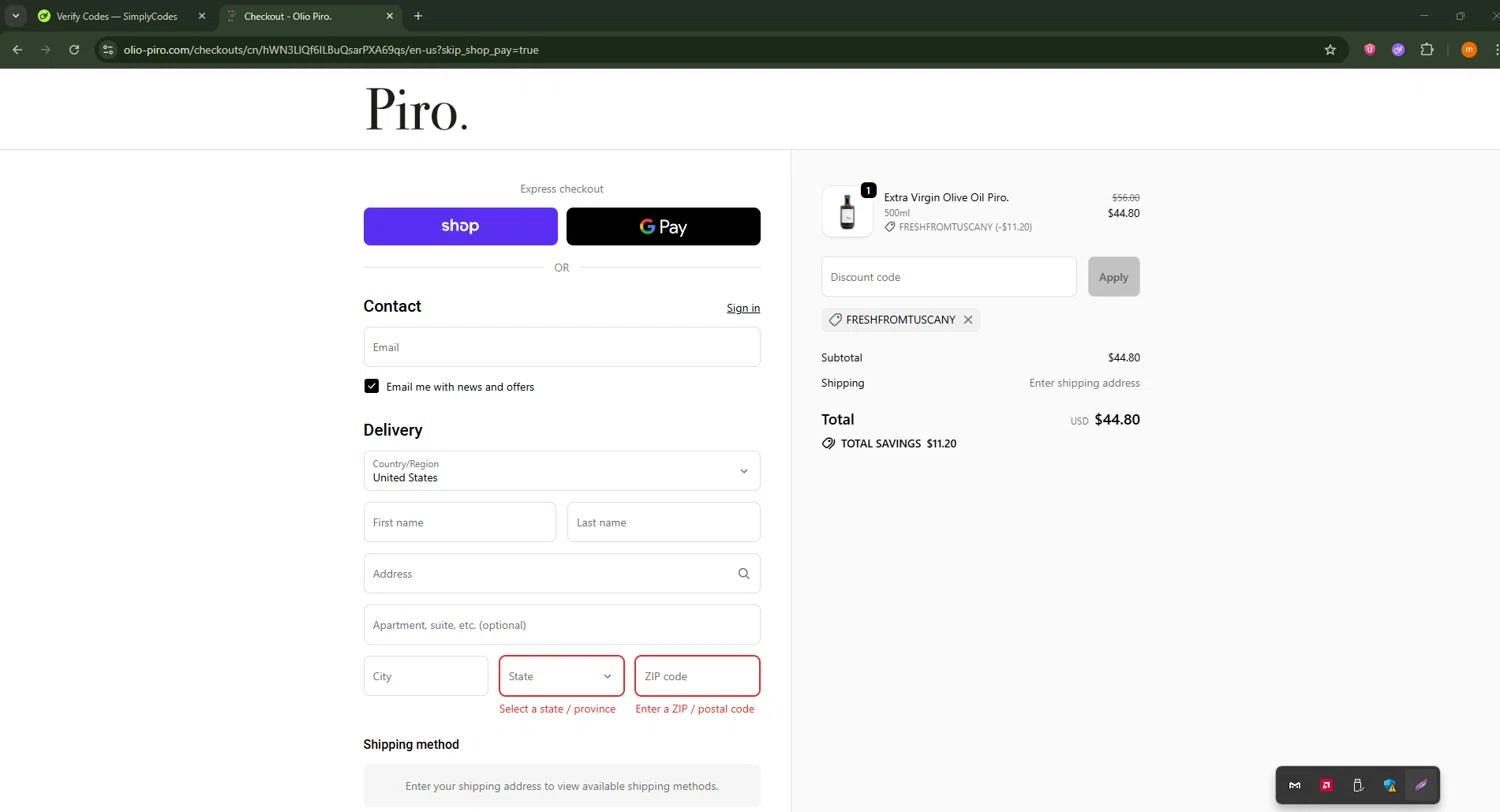 Olio Piro promo code screenshot showing code FRESHFROMTUSCANY applied at Olio Piro checkout page. Uploaded by SimplyCodes community member Davoxeneixe on Sep 24, 2025