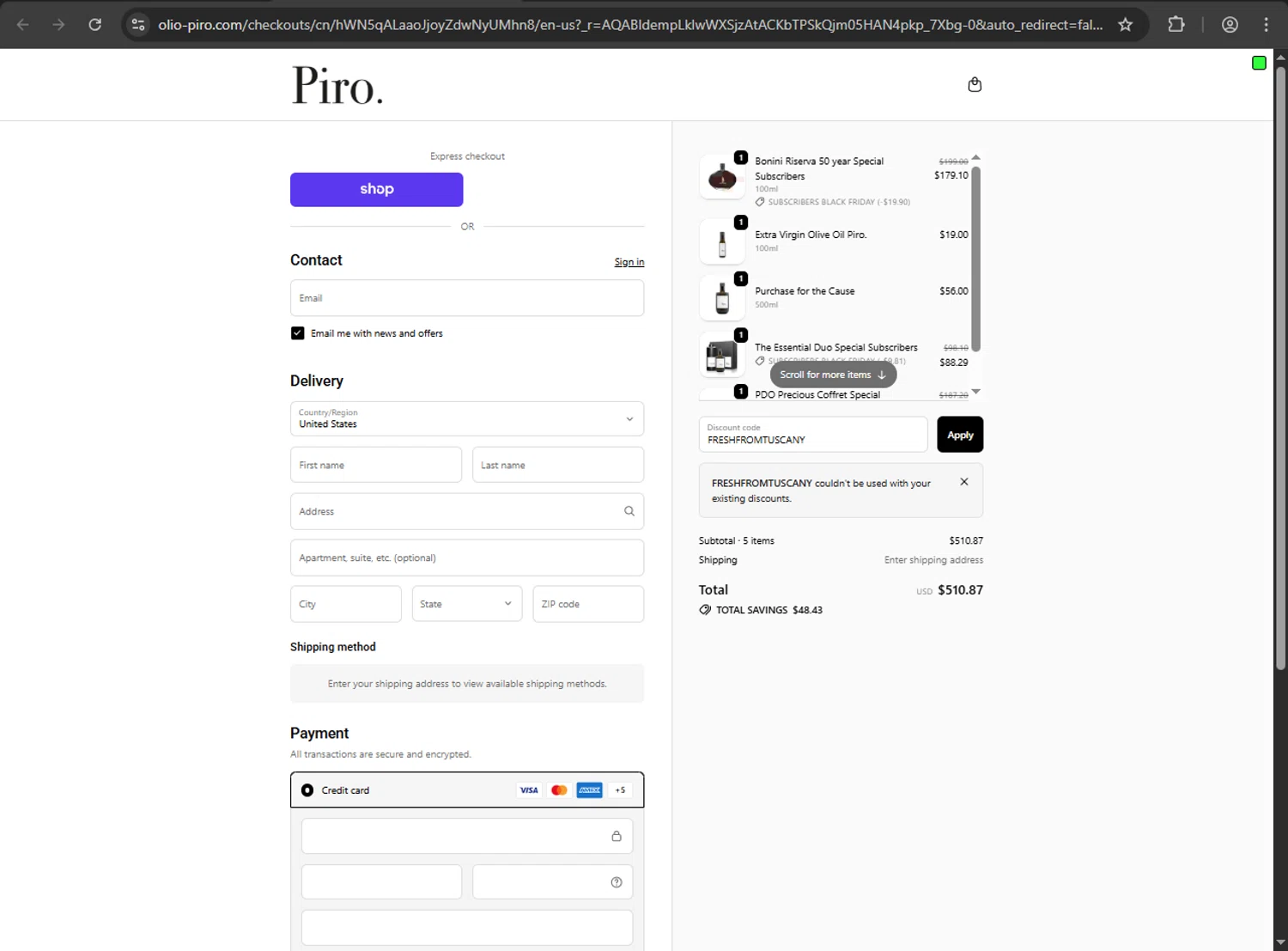 Olio Piro promo code screenshot showing code FRESHFROMTUSCANY applied at Olio Piro checkout page. Uploaded by SimplyCodes community member QuestScholar1789 on Nov 29, 2025