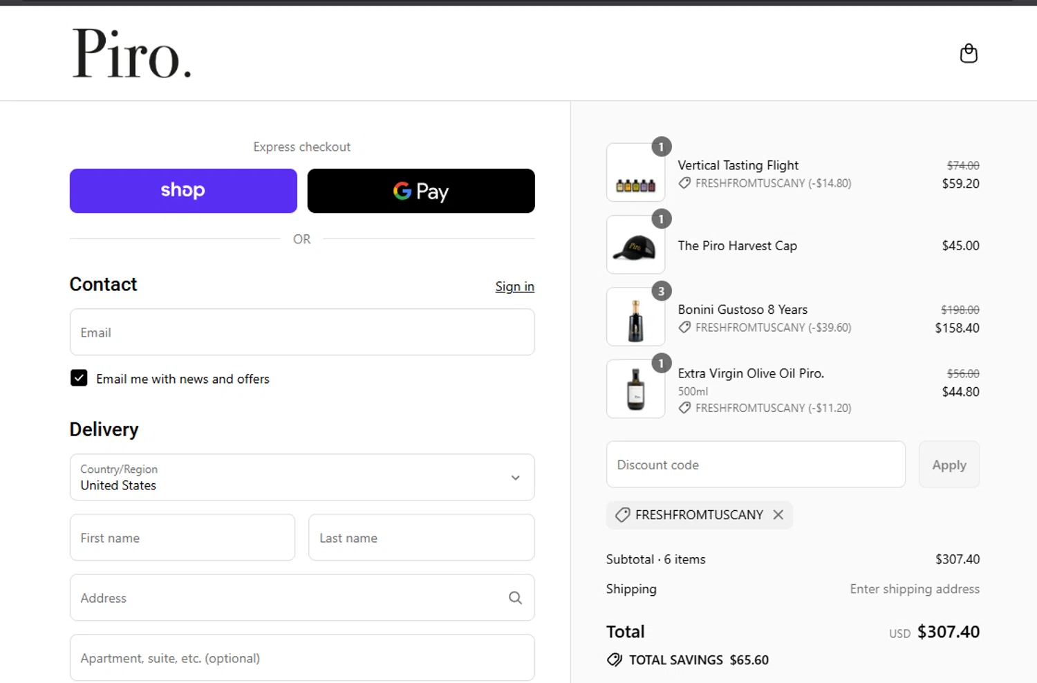 Olio Piro promo code screenshot showing code FRESHFROMTUSCANY applied at Olio Piro checkout page. Uploaded by SimplyCodes community member XxJuniorxX on Sep 16, 2025